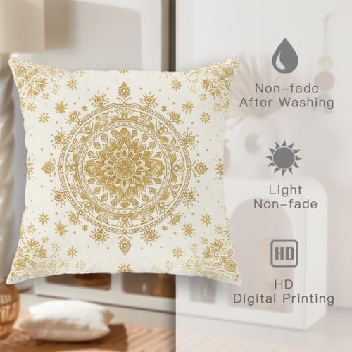 Bohemian Throw Pillow Covers Set of 2, Cream and Gold Floral Mandala