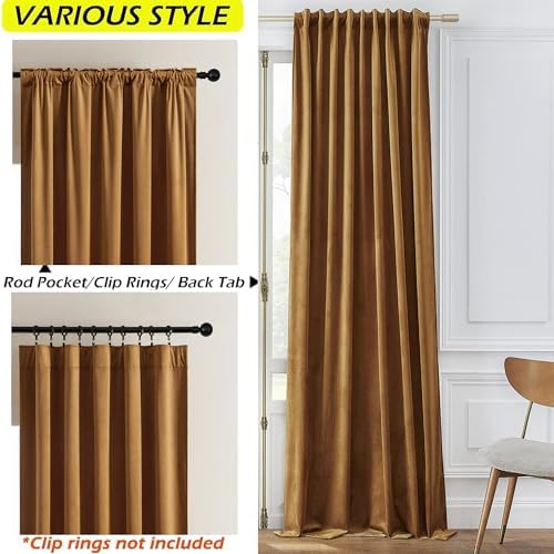 Timeper Gold Brown Blackout Back Tab Velvet Curtains 52x72 inches 2Pcs