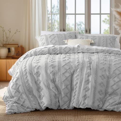 Bedsure Boho Duvet Cover Queen, Tufted Embroidery, 3-Piece, Light Grey