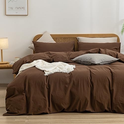 BESTOUCH Cotton Solid Duvet Cover Set Linen Feel Cocoa Brown King