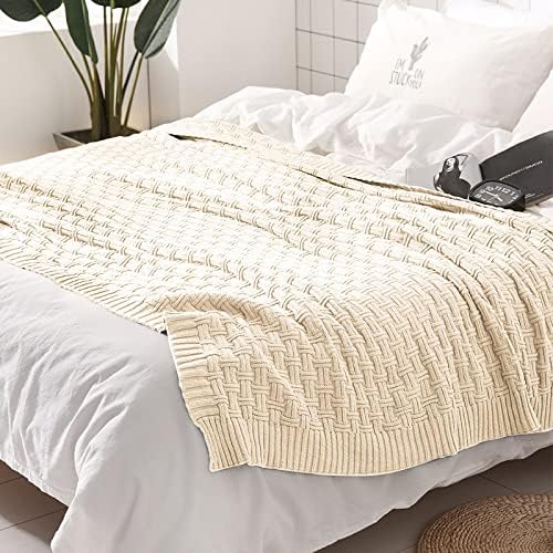 TREELY 100% Cotton Knitted Throw Blanket 50 x 60 Inches, Ivory White