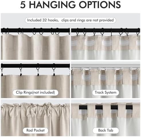 MIULEE 100% Blackout Back Tab Pleat Linen Curtains 50" Wx84 L,Beige