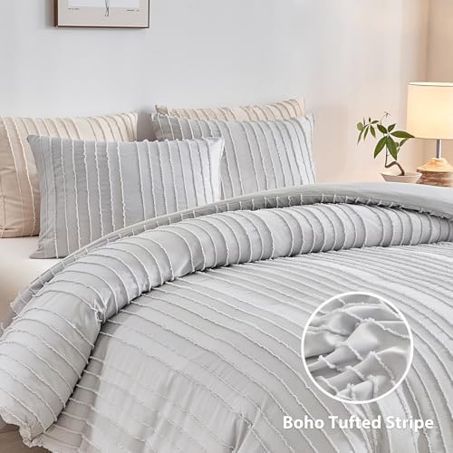WARMDERN Lightgrey Boho Duvet Cover Queen Size, Striped Tufted Bedding