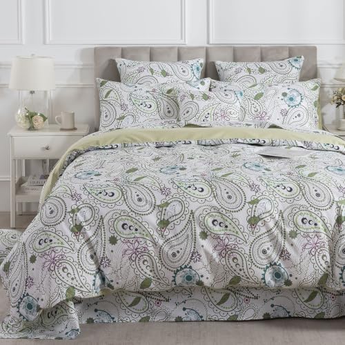 FADFAY Queen 100% Cotton Duvet Cover Set 3 Pieces Sage Green Paisley