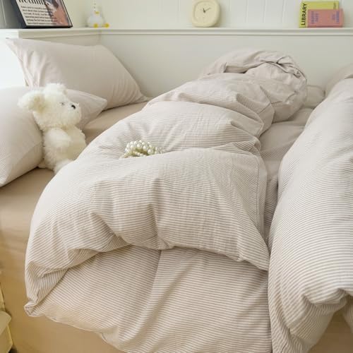 mixinni Tan Striped Duvet Cover Full Size - 100% Washed Cotton Beige