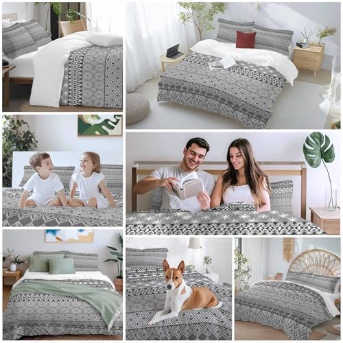 Grey Black Boho Bedding Full Duvet Cover Set, 3 Piece Microfiber Soft