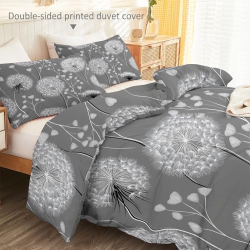 Breathable Grey Duvet Cover – Minimalist Plant-Based Dandelion 3-Piece