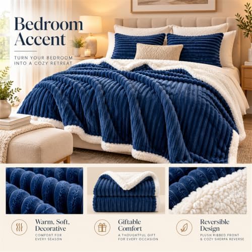 Ribbed Plush Fleece Blanket Double Layer Warm Throw Blanket for Bed