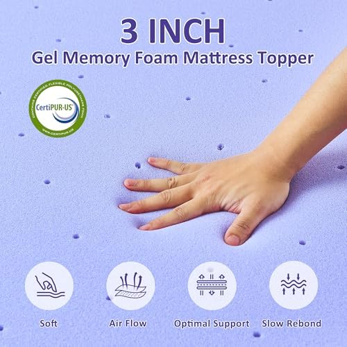 3 Inch Gel Memory Foam Mattress Topper Queen Size with Removable &