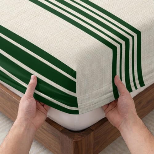 Queen Fitted Sheet Deep Pocket, Forest Green and Beige Stripe Soft