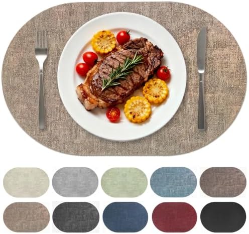 Oval Faux Leather Placemats Set of 6, Light Brown