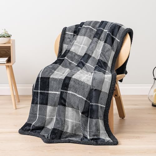 PAVILIA Twin Plaid Sherpa Throw Blanket for Couch Sofa Bed Dark Grey