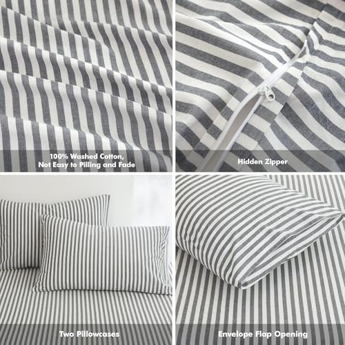 FOSSA Striped Duvet Cover Set 100% Washed Cotton Linen Feel King