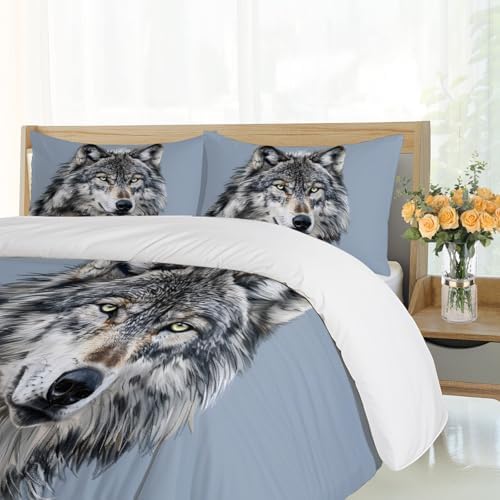 Wolf Bedding Set King Size - Nature Wild Animals Duvet Cover 3PC, Soft