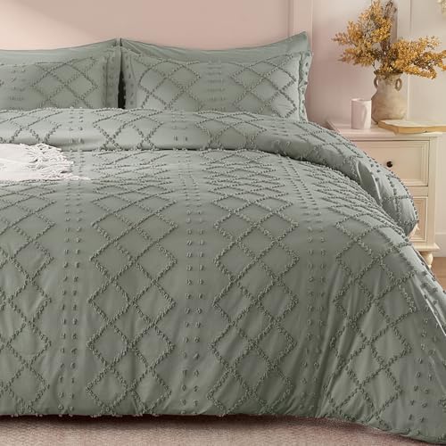 VACVELT 5PCS Light Grey Boho Tufted Duvet Cover Full Size, Zipper &