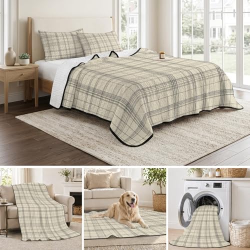 Quilts King Size Bedding Set, Check Plaid Lightweight Quilted