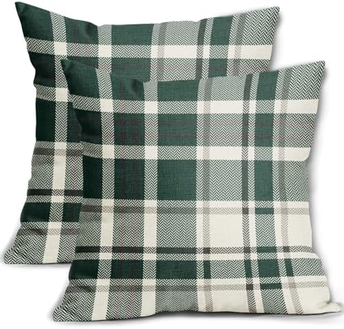 Christmas Plaid Pillow Covers 22x22 Set of 2 Forest Green Grey Buffalo
