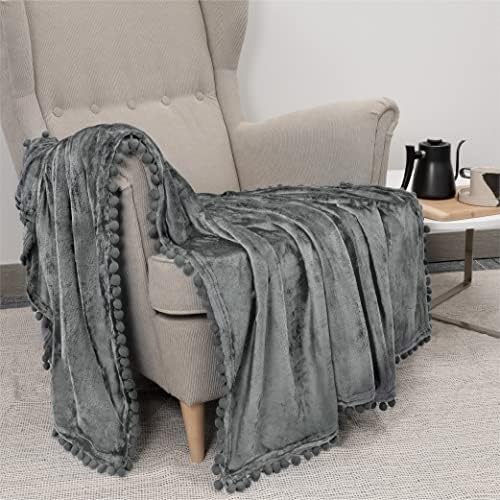 PAVILIA Fleece Throw Blanket for Couch with Pom Pom Fringe, Dark Grey