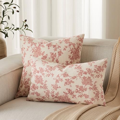 2 Pack French Floral Throw Pillow Covers 20x20in, Red/Cream