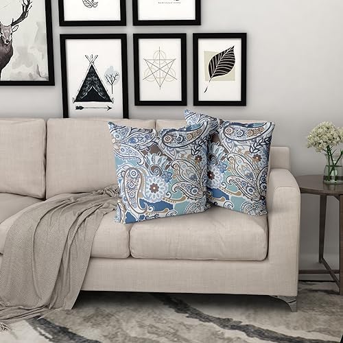 Paisley Pattern Pillow Covers 18X18 Inch Blue Brown Cream Square Couch