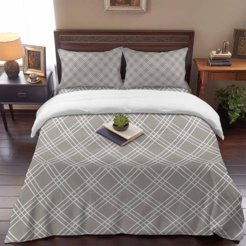 Taupe Grid Full Duvet Cover Set - 4 Pcs Comforter Cover Bedding Sets