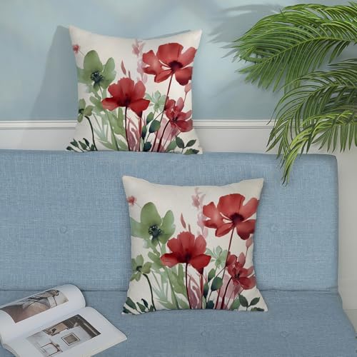 Floral Pillow Covers 18x18 Inches Set of 2 Sage Green Burgundy Red