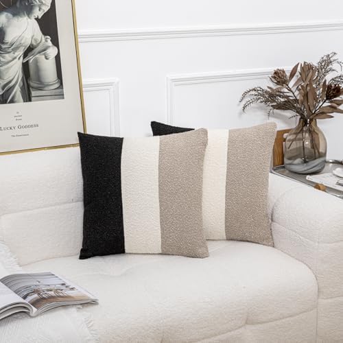 18x18 Boucle Striped Throw Pillow Covers Set of 2 Oatmeal Cream Black