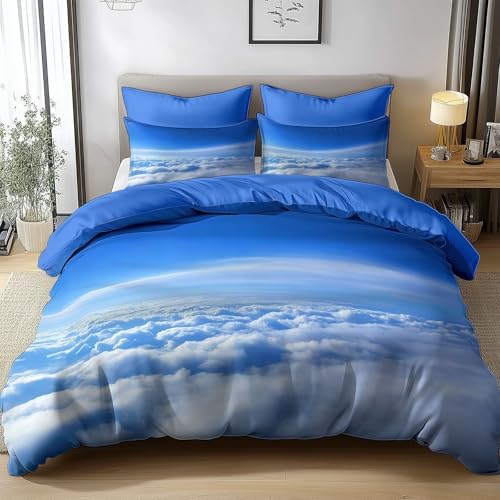 California King Duvet Cover Set Modern Blue Sky White Clouds Soft