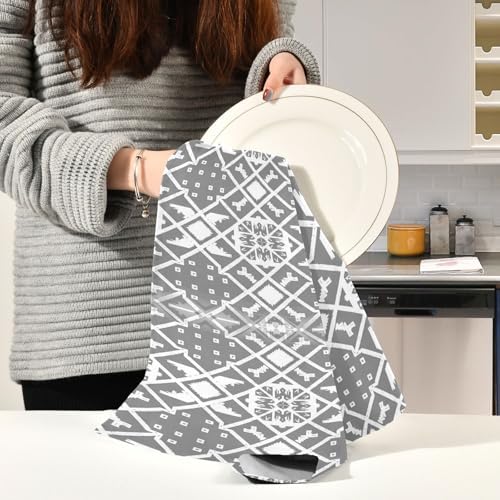 Kitchen Towels and Dishcloths Set, Gray Line Geometric 18 x 28 Inches