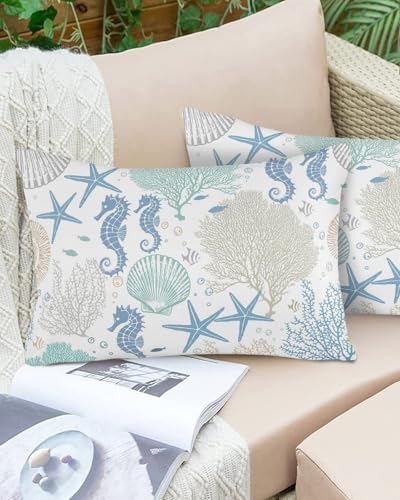 Outdoor Pillow Covers with Inserts,Coral Seahorse Coastal Waterproof