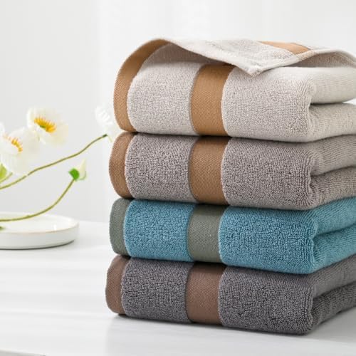 YiLUOMO Brown Hand Towel Set of 2 with Classic Woven Band Soft 100%