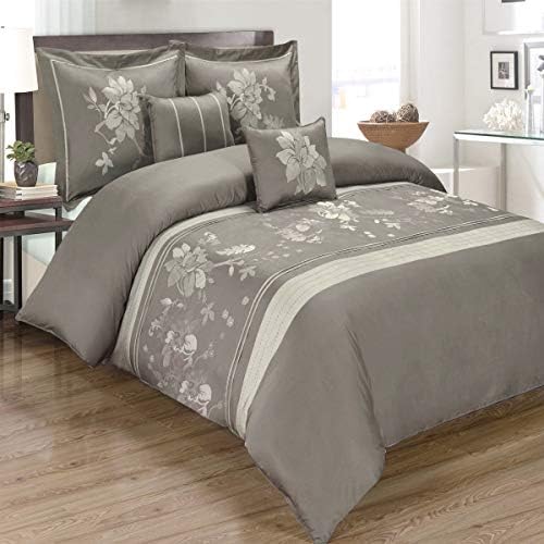 sheetsnthings Full/Queen Myra Gray 5-Piece Duvet Cover Set Embroidered