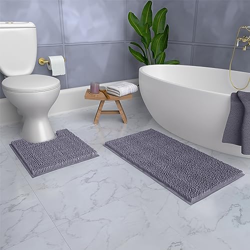 LuxUrux Contemporary Dark Grey Bath Ensemble: Plush Chenille Mat Set +