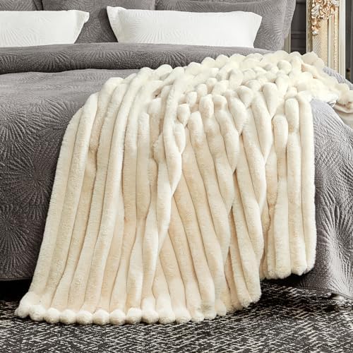 Cozy Bliss Faux Fur Throw Blanket for Couch, Cozy Warm Plush Striped