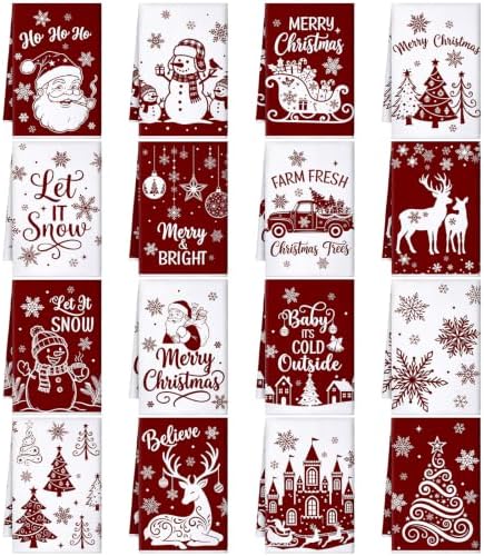 Bencailor 16 Pcs Christmas Kitchen Towels, Red White Dish Cloths