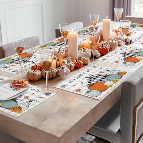 Placemats Set of 8, Thanksgiving Fall Pumpkin Maple Leaf Washable