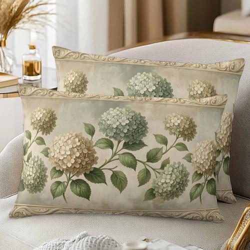Cream Gold Hydrangeas Throw Pillow Covers 12x20IN Set of 2, Farm