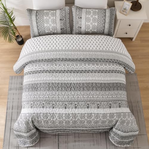 WONGS BEDDING Boho King Quilt Set,3 Pcs Grey Bedspread Covrtlet Set