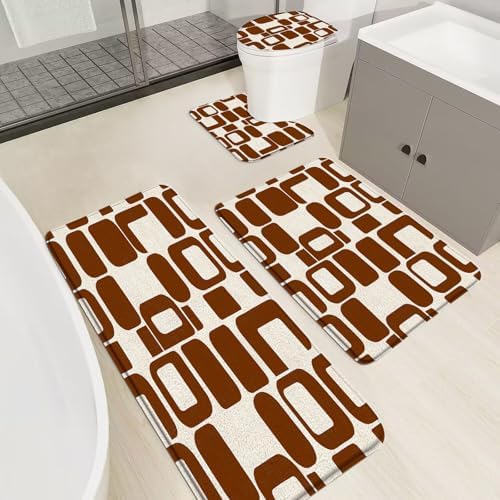 4 Piece Memory Foam Bath Mat Set,Brown Geometric Mid Century Boho