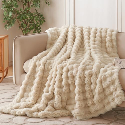 COOVA Soft Bubble Faux Fur Throw Blanket, 50"x60", Light Taupe