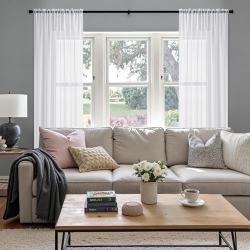 MIULEE Semi White Linen Textured Sheer Curtains 42W×84L Rod Pocket 2