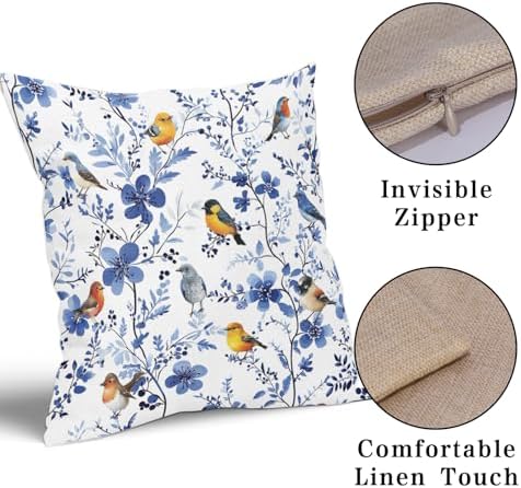 Bird Floral Pillow Covers 22x22inch, Watercolor Navy Blue Flowers