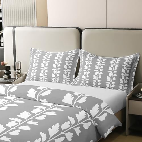 Erosebridal Grey White Floral Leaves Duvet Cover Set Farmhouse