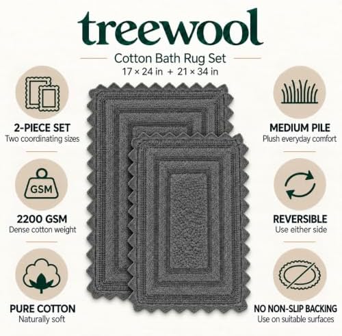 TreeWool Cotton Rectangle Bath Rug Set, 19 x 26 & 23 x 36 in