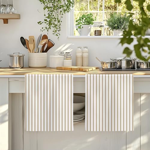 Thin Beige Striped Kitchen Towels Set of 3, Absorbent Dish Towels for