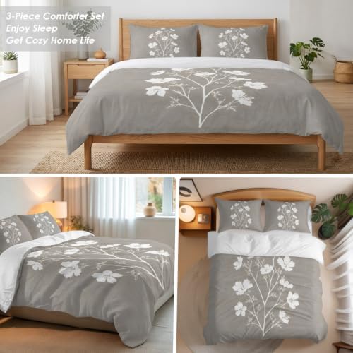 3 Pieces Bedding Set Queen Size, Gray Floral Blossom Soft Duvet Covers