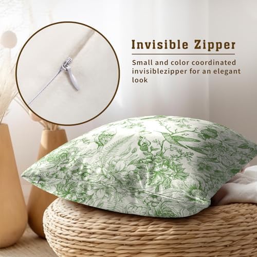 Vintage Floral Throw Pillow Covers 22x22 Inch, Set of 2 Green White