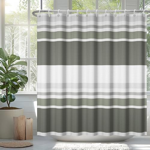 Renaiss Gray Green Striped Waffle Weave Small Stall Shower Curtain