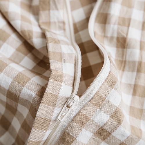 SUSYBAO Tan Gingham Duvet Cover Queen 100% Washed Cotton Beige Plaid