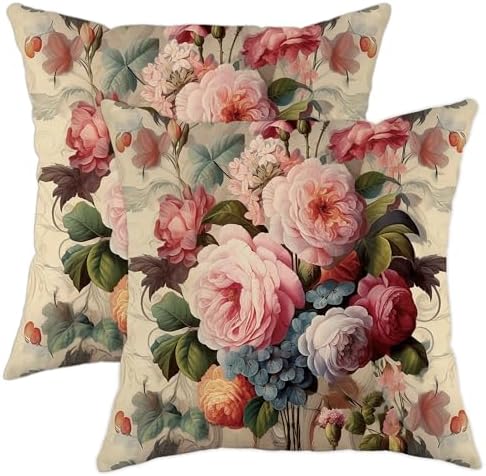 French Country Rose Throw Pillow Covers Pack of 2 Vintage Floral Plant